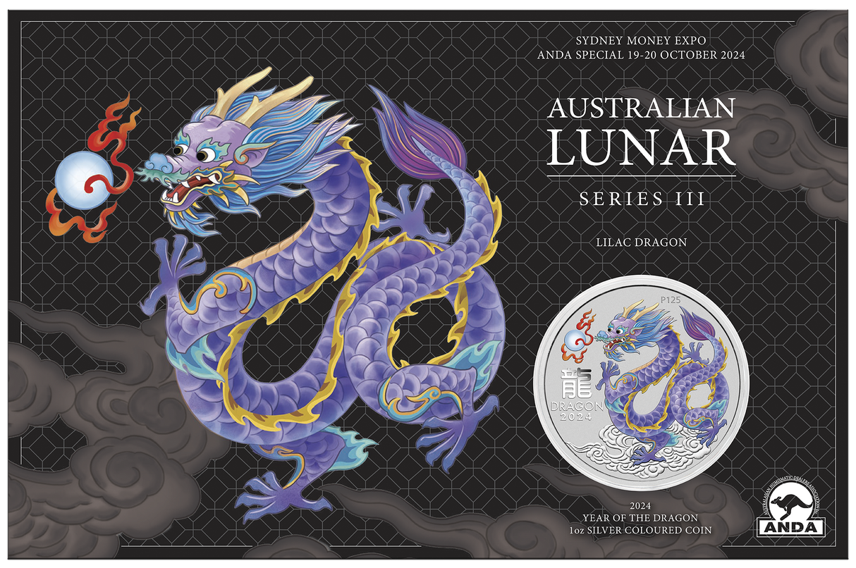 Australian Lunar Series III 2024 Year of the Dragon 1oz Silver Lilac Coloured Coin in Card - Sydney Money Expo 2024