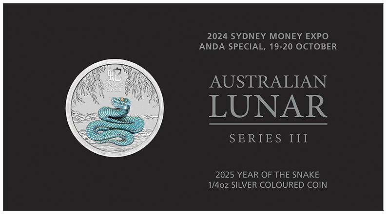 Australian Lunar Series III 2025 Year of the Snake 1/4oz Silver Coloured Coin in Card - Sydney Money Expo 2024