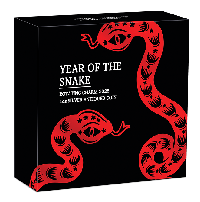 2025 $1 1oz Silver Proof Coin. Year of the Snake Rotating Charm.