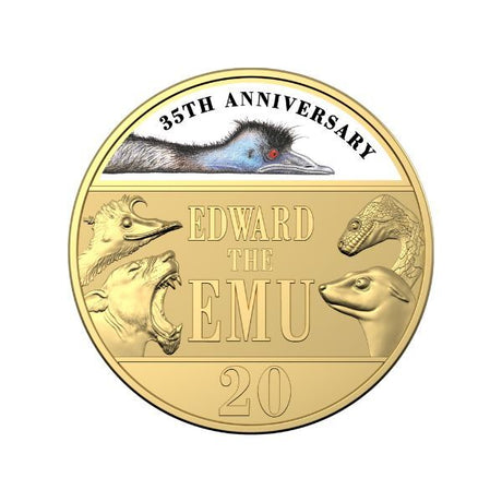 2023 20c CuNi Gold-Plated Colour Printed Uncirculated Coin - DELUXE Edition Book - 35th Anniversary of Edward the Emu