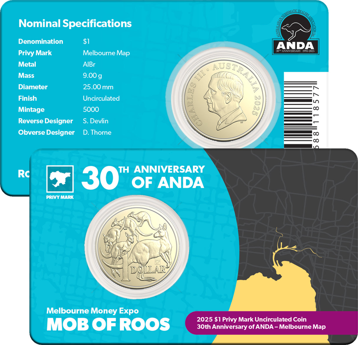 2025 $1 Melbourne ANDA Privy Mark Uncirculated Coin. Melbourne Map Carded Coin.