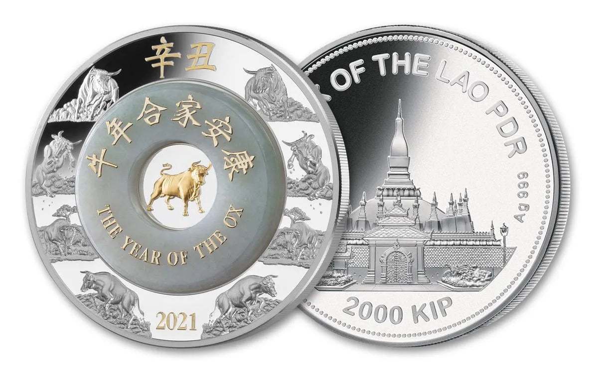 2021 Year of the Ox 2oz Silver Coin with Jade – Laos