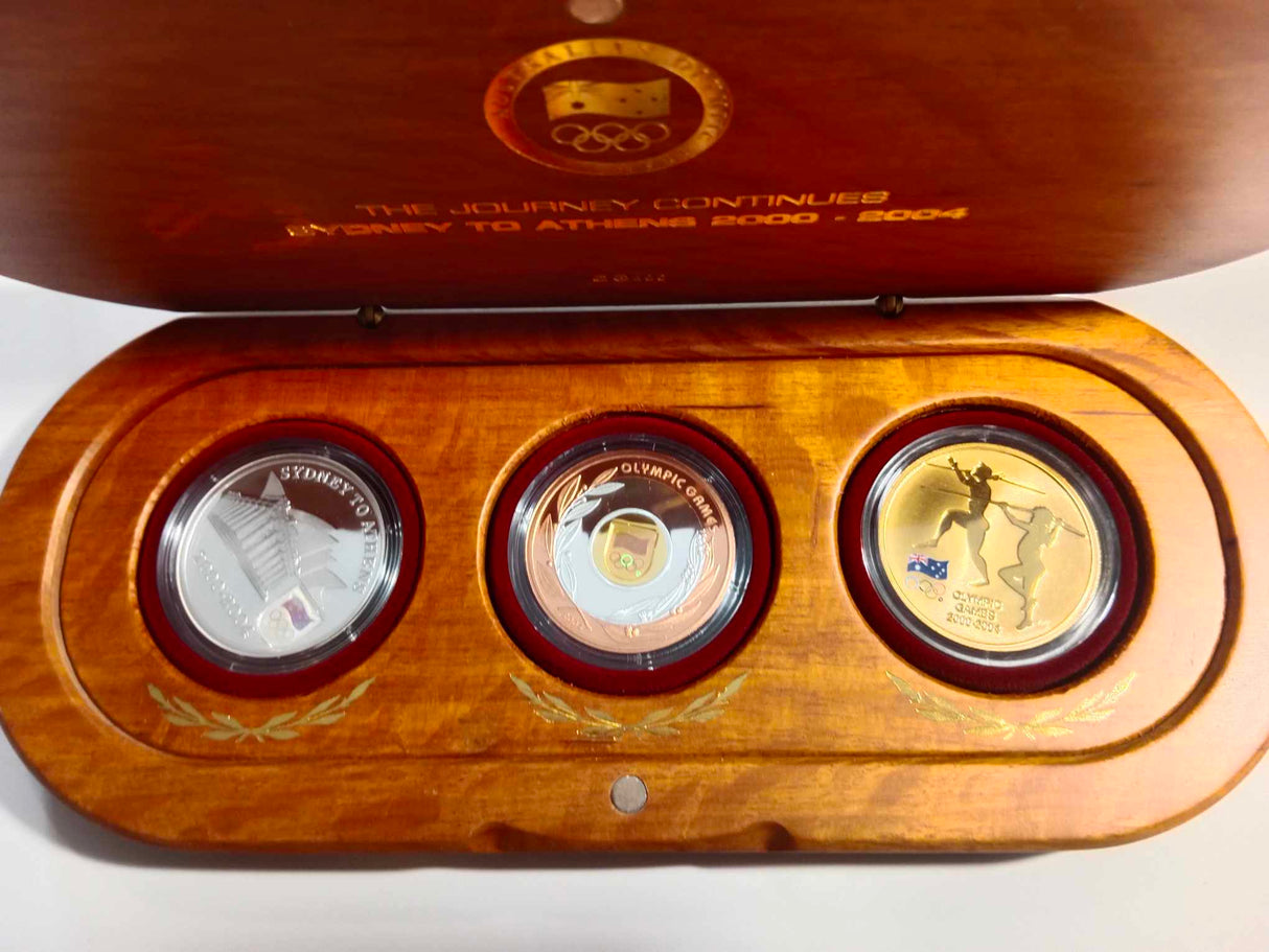 2004 The Journey Counties Sydney to Athens Three-Coin Set. Gold, Silver, Bronze.