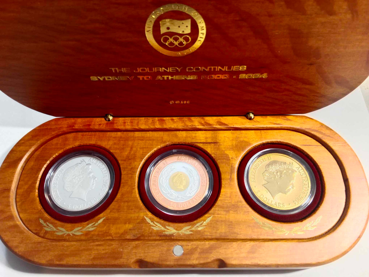 2004 The Journey Counties Sydney to Athens Three-Coin Set. Gold, Silver, Bronze.