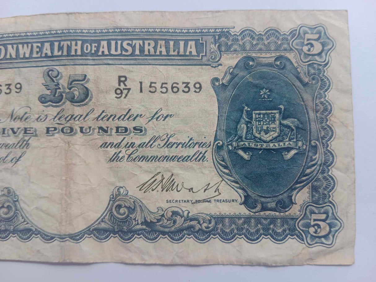 1949 R47 Coombs/Watt 5 Pound Banknote. Almost Fine.