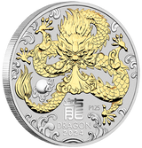 2024 Year of the Dragon. 1oz Silver Gilded Coin.