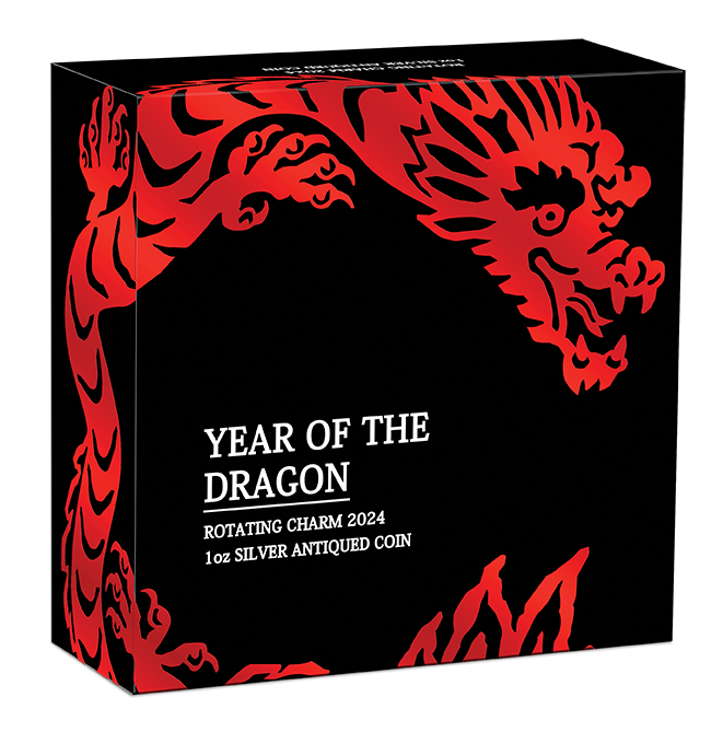 2024 Year Of The Dragon. Rotating Charm. 1oz Silver Antiqued Coin.