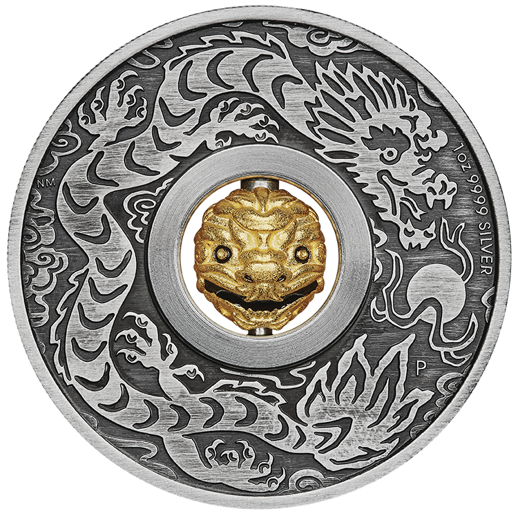 2024 Year Of The Dragon. Rotating Charm. 1oz Silver Antiqued Coin.