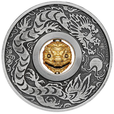 2024 Year Of The Dragon. Rotating Charm. 1oz Silver Antiqued Coin.