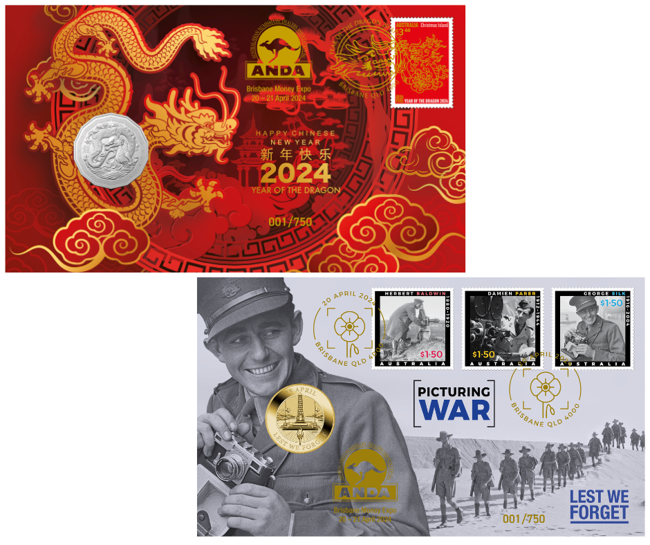 2024 ANDA Brisbane Money Expo Dual PNC Set. 50c Year of Dragon & $1 Picturing War Lest We Forget