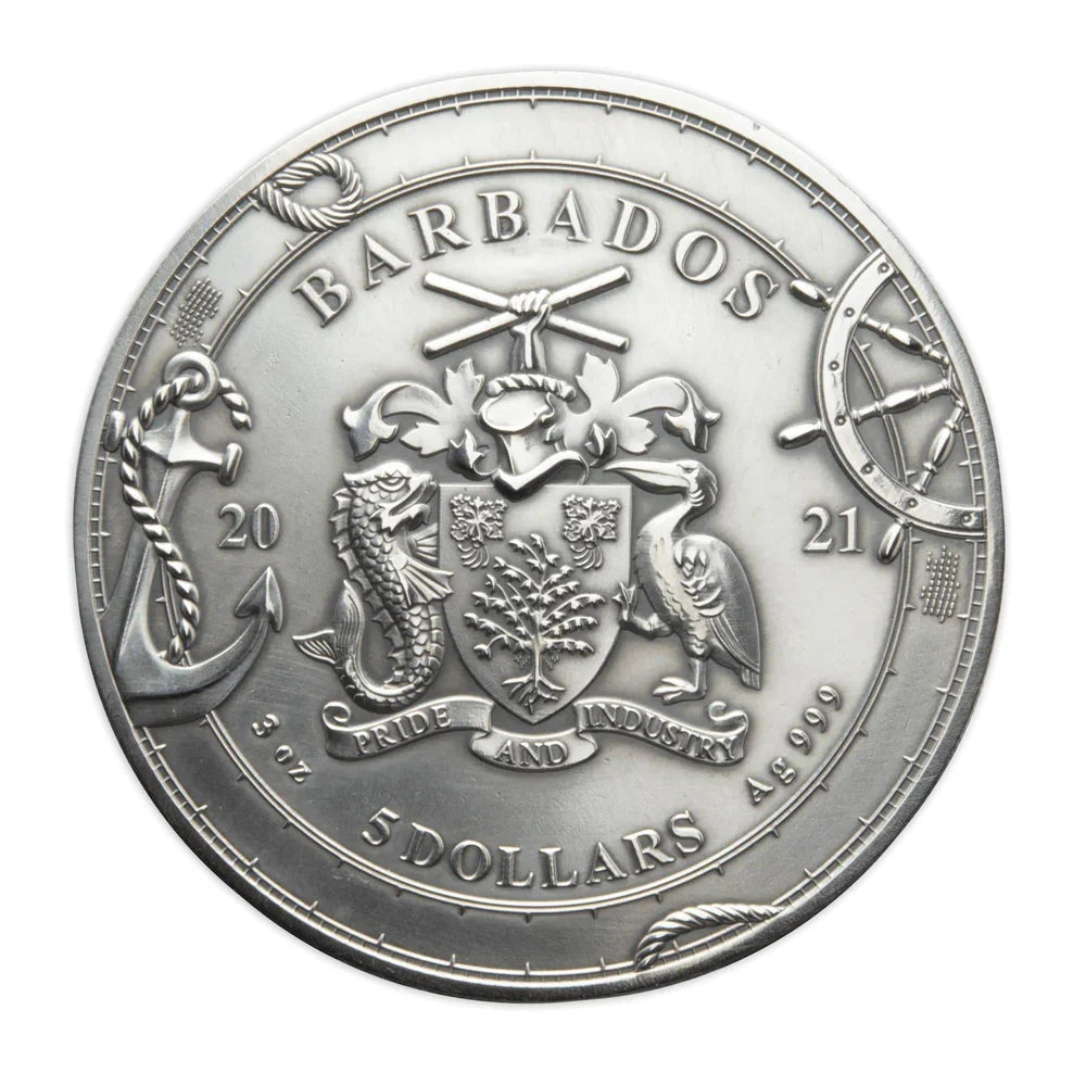 2021 $5 Barbados 3oz Silver Proof Coin - Magellan 1485-1521 500th Anniversary