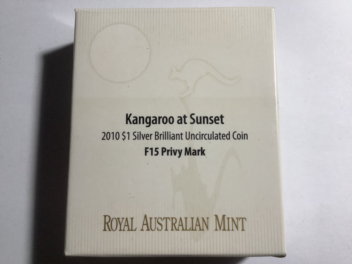 2010 $1 Silver Brilliant Uncirculated Coin. Kangaroo At Sunset. F15 Privy Mark.