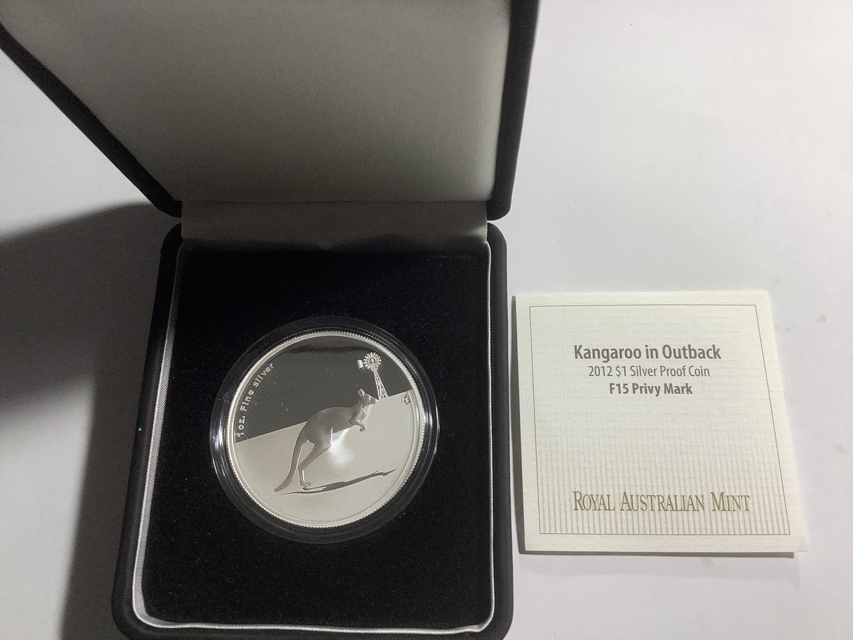 2012 $1 Silver Brilliant Uncirculated Coin. Kangaroo At Sunset. F15 Privy Mark.