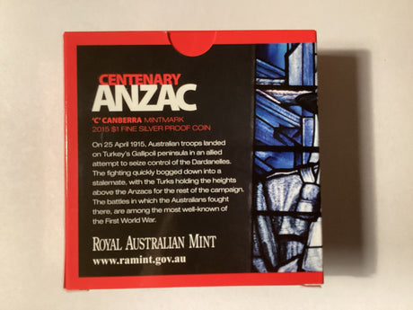 2015 $1 Fine Silver Proof Coin. Centenary of Anzacs.