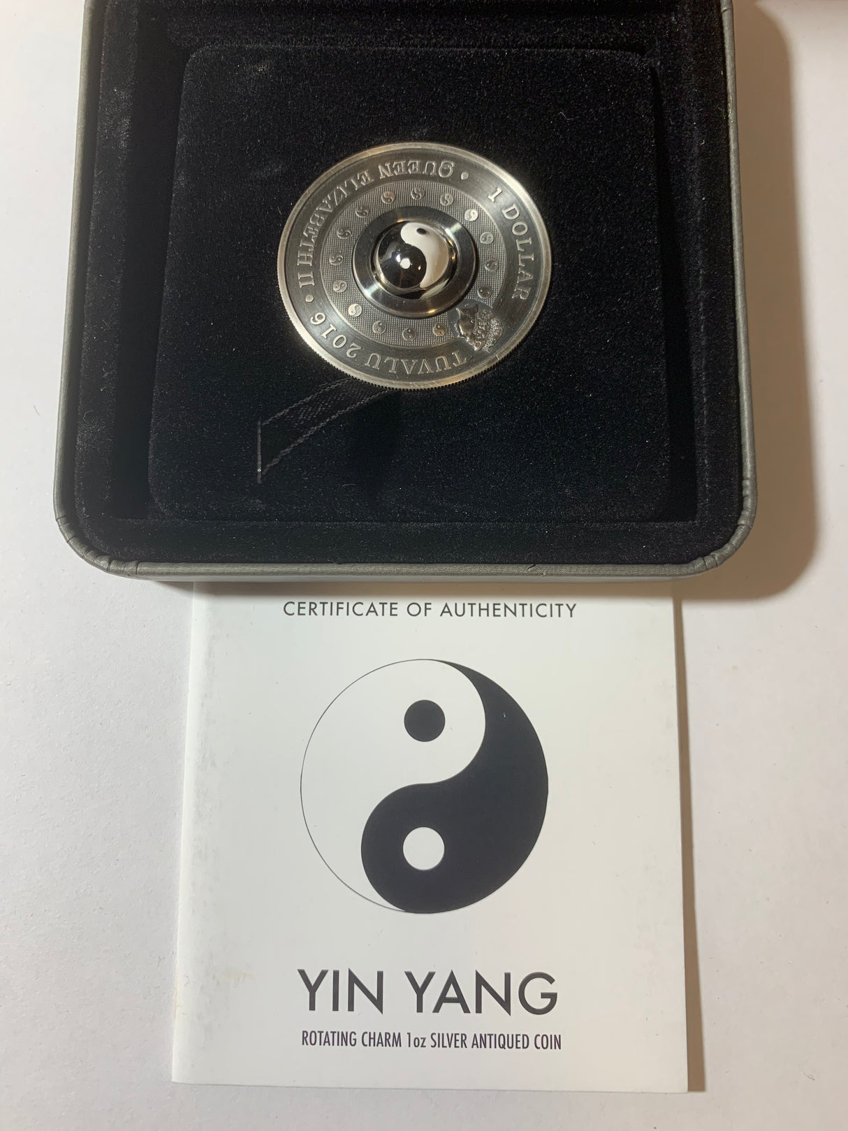 2016 $1 1oz Silver Antiqued Rotating Charm Coin. Yin Yang.