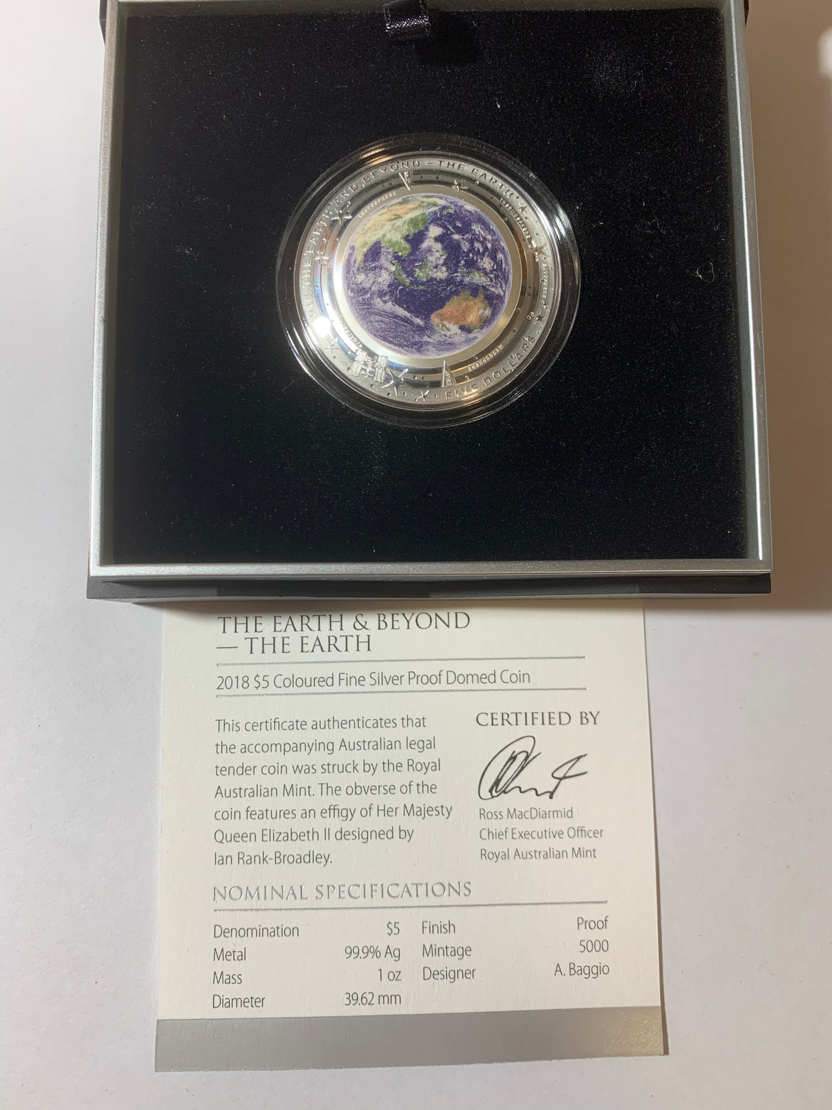 2018 $5 1oz Coloured Fine Silver Proof Domed Coin. The Earth and Beyond Series. The Earth.
