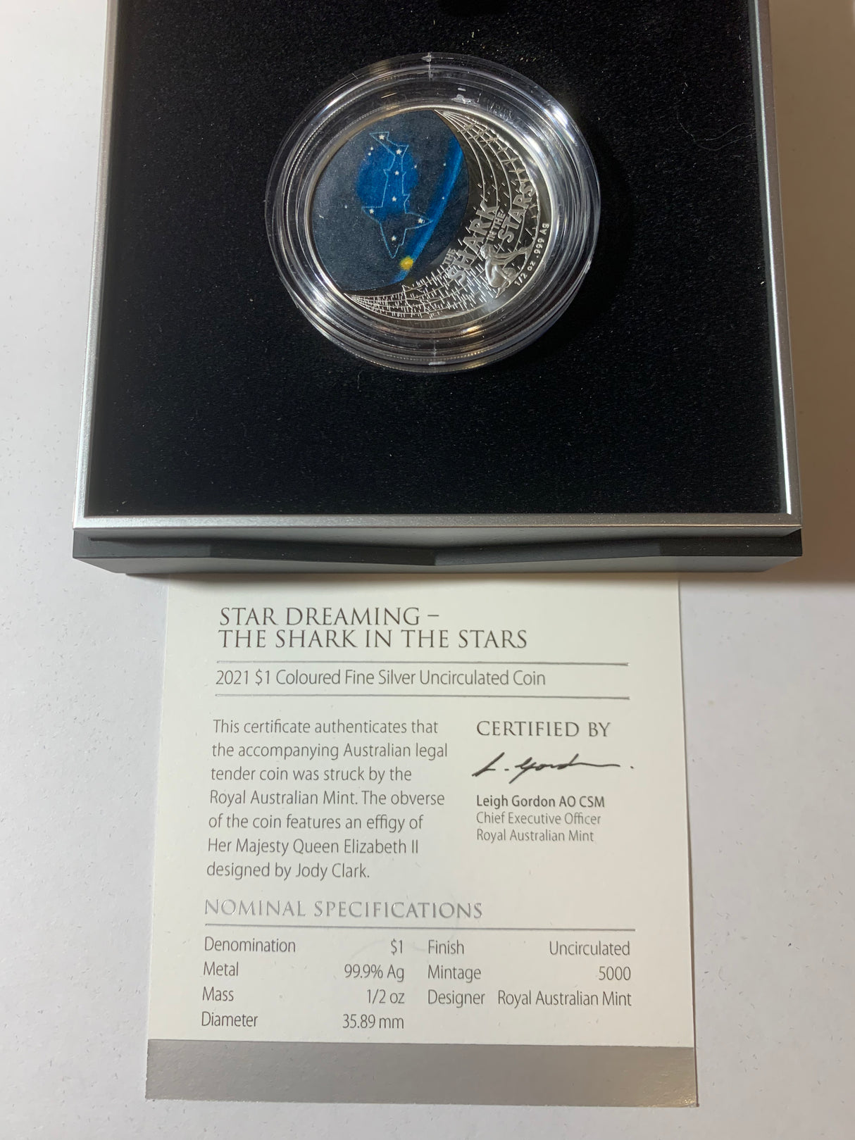 2021 $1 1/2oz Silver Coloured Uncirculated Coin. Star Dreaming Series. The Shark in the Stars.