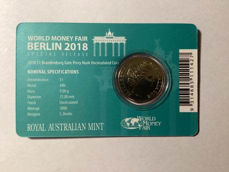 2018 $1 Carded Uncirculated Coin. Brandenburg Gate Privy. World Money Fair Special Release.