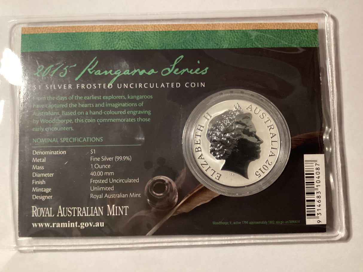 2015 $1 Frosted Uncirculated Silver Coin. Kangaroo Series. Explorers’ First Sightings. V. Woodthorpe