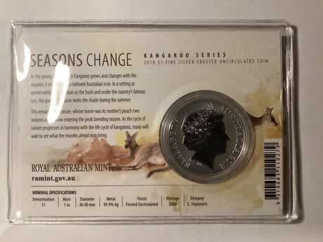 2018 $1 Frosted Uncirculated Silver Coin. Kangaroo Series. Seasons Change.