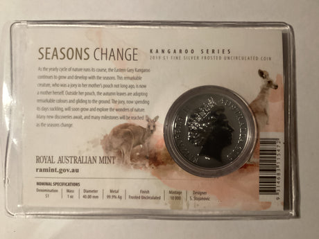 2019 $1 Frosted Uncirculated Silver Coin. Kangaroo Series. Seasons Change.