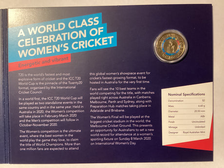 2020 $2 ICC Women’s T20 World Cup. Uncirculated Carded Coin.