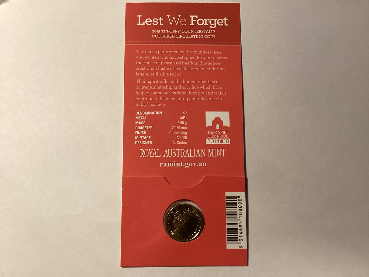 2015 $2 Lest We Forget. Red Anzac Cove. Poppy Counterstamp Carded Coin.