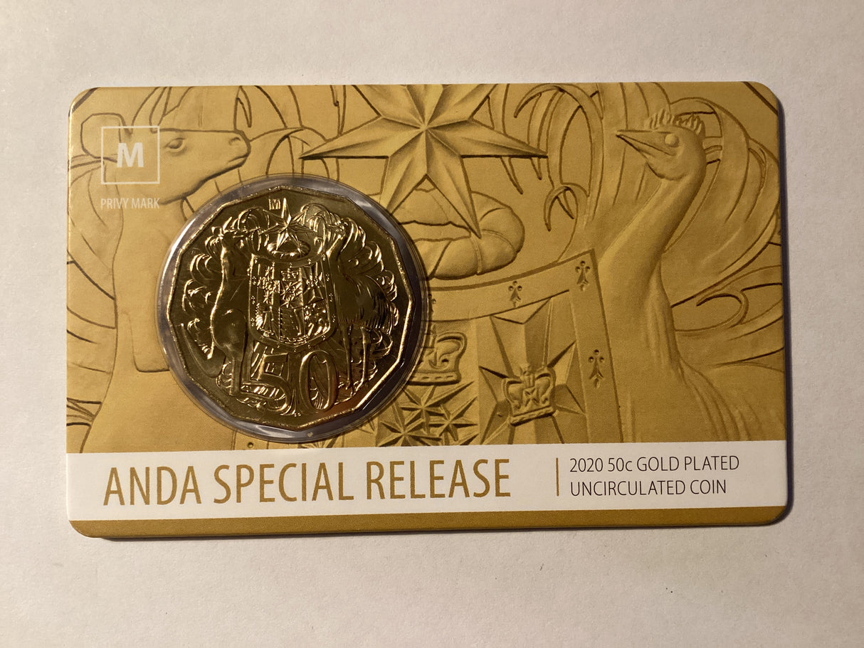 2020 50c Uncirculated Gold Plated Carded Coin. ANDA Special Release. Melbourne