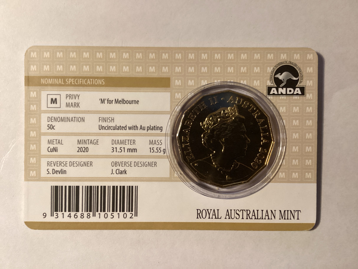 2020 50c Uncirculated Gold Plated Carded Coin. ANDA Special Release. Melbourne