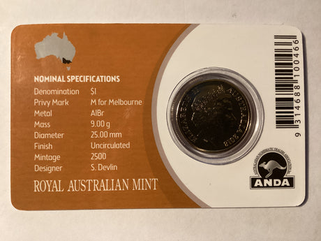 2018 $1 Mob of Roos Carded Coin. Anda Release. ‘M’ Mintmark