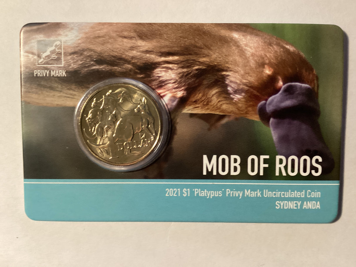 2021 $1 Mob of Roos Carded Coin. Anda Release. Platypus Privy Mark. Sydney ANDA.