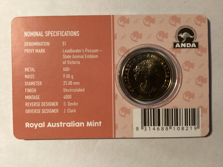 2021 $1 Mob of Roos Carded Coin. Anda Release. Leadbeater’s Possum Privy Mark. Melbourne ANDA.