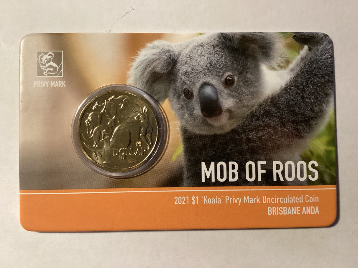 2021 $1 Mob of Roos Carded Coin. Anda Release. Koala Privy Mark. Brisbane ANDA.