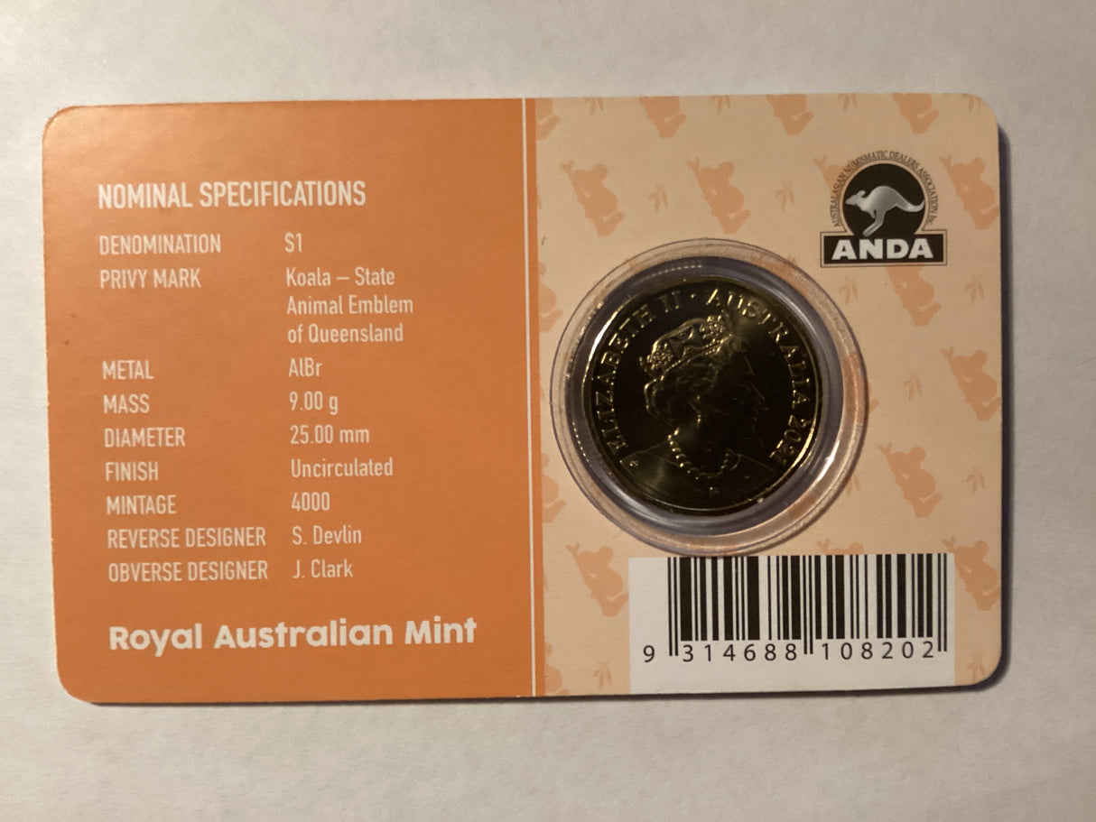 2021 $1 Mob of Roos Carded Coin. Anda Release. Koala Privy Mark. Brisbane ANDA.