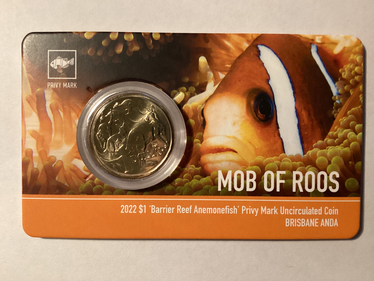 2022 $1 Mob of Roos Carded Coin. Anda Release. Barrier Reef Anemonefish. Brisbane ANDA.