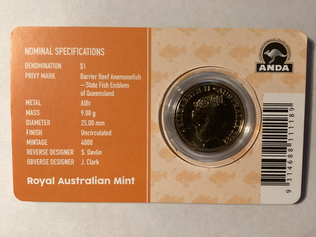 2022 $1 Mob of Roos Carded Coin. Anda Release. Barrier Reef Anemonefish. Brisbane ANDA.