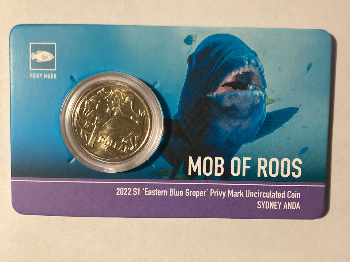 2022 $1 Mob of Roos Carded Coin. Anda Release. Eastern Blue Groper. Sydney ANDA.