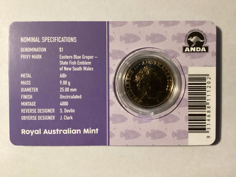 2022 $1 Mob of Roos Carded Coin. Anda Release. Eastern Blue Groper. Sydney ANDA.