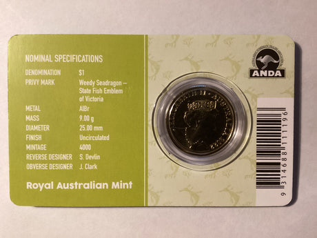 2022 $1 Mob of Roos Carded Coin. Anda Release. Weedy Seadragon. Melbourne ANDA.