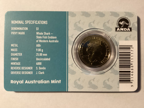 2022 $1 Mob of Roos Carded Coin. Anda Release. Whale Shark. Perth ANDA.