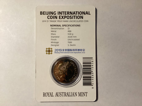 2019 $1 Mob of Roos Carded Coin. BICE Special Edition. Panda Privy Mark.