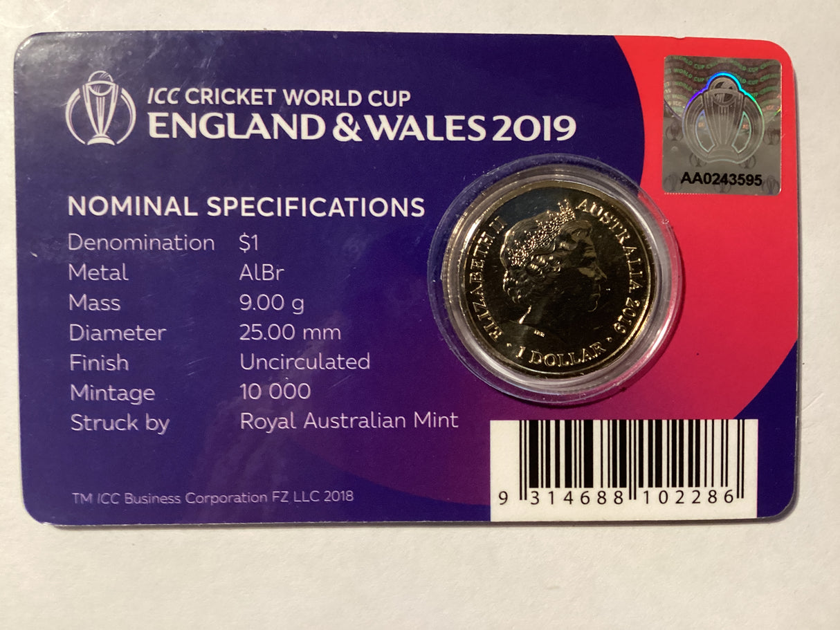 2019 $1 Carded Uncirculated Coin. ICC Cricket World Cup. England & Wales.