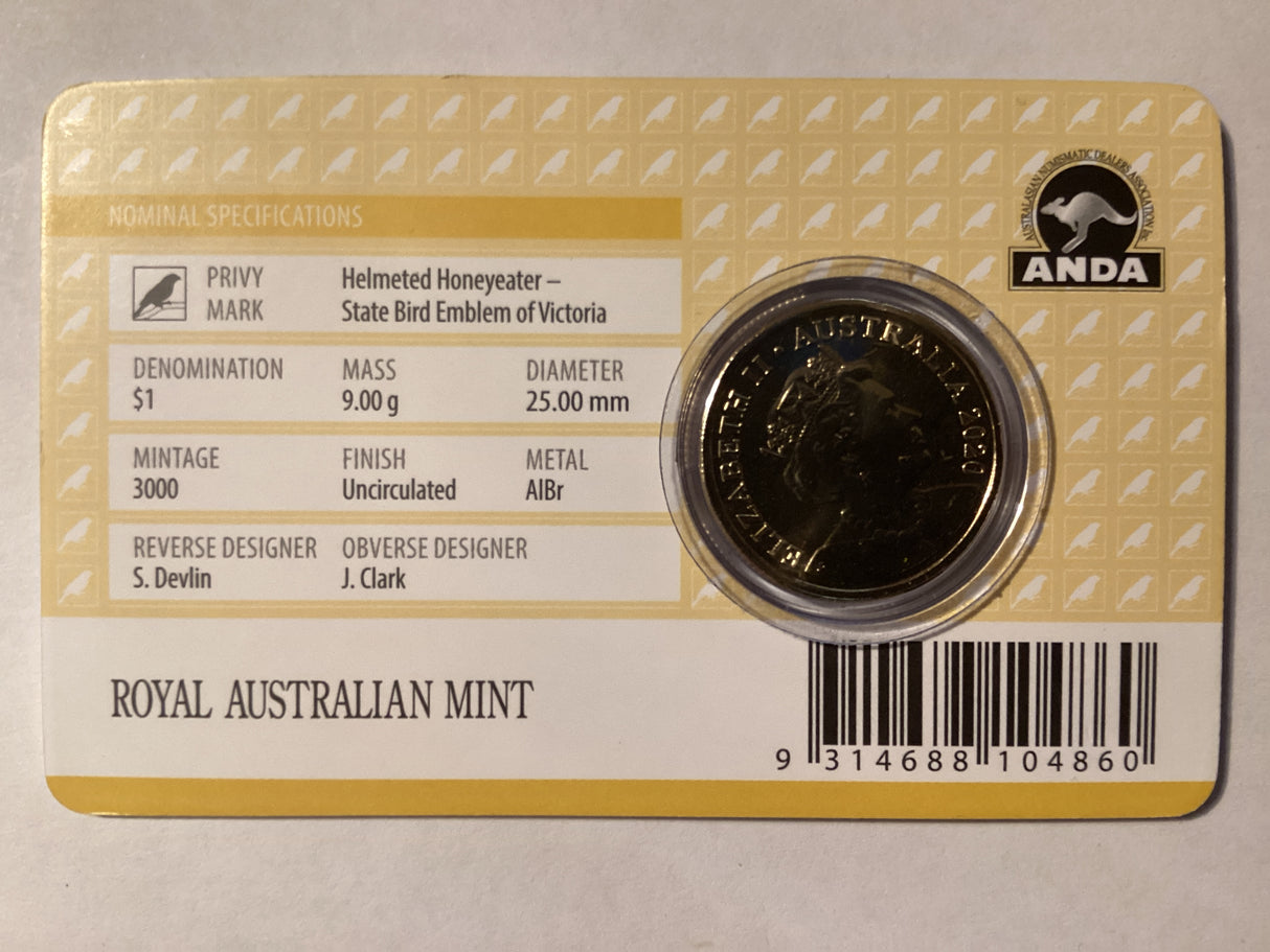 2020 $1 Mob of Roos Carded Coin. Anda Release. Helmeted Honeyeater. Melbourne ANDA.