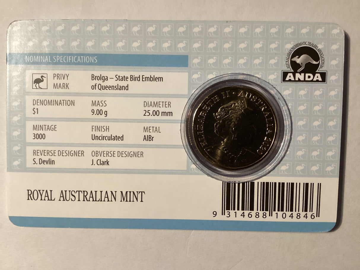 2020 $1 Mob of Roos Carded Coin. Anda Release. Brolga.  Brisbane ANDA.