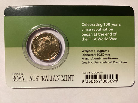 2019 $2 Uncirculated Carded Coin. Downies. Repatriation Centenary.