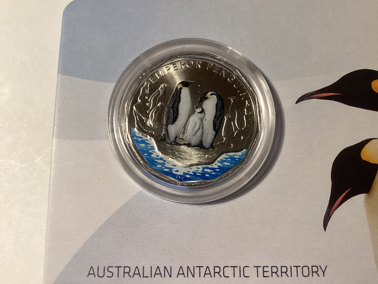 2023 50c Uncirculated Carded Coin. Australian Antarctic Territory. Emperor Penguin.