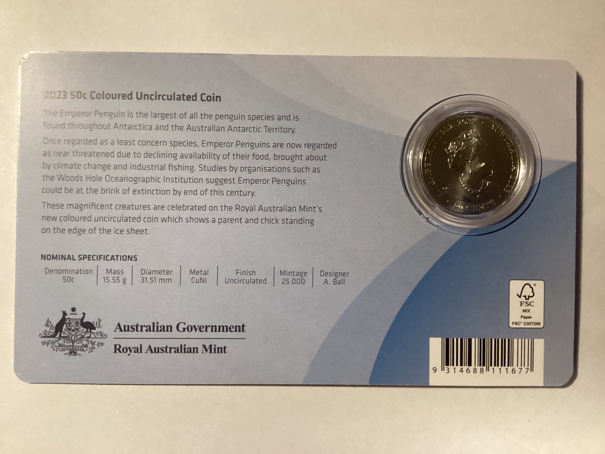 2023 50c Uncirculated Carded Coin. Australian Antarctic Territory. Emperor Penguin.