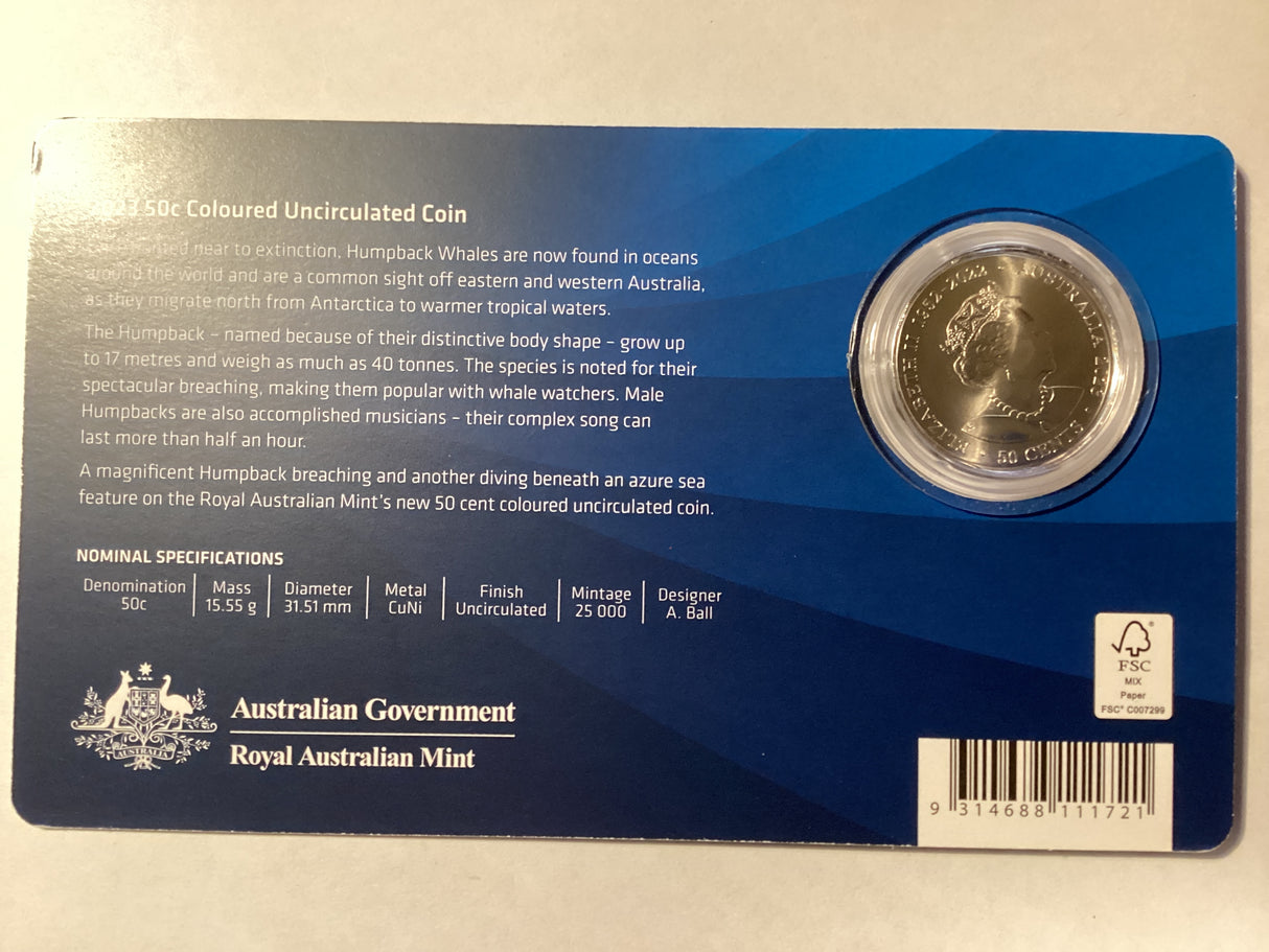 2023 50c Uncirculated Carded Coin. Australian Antarctic Territory. Humpback Whale.