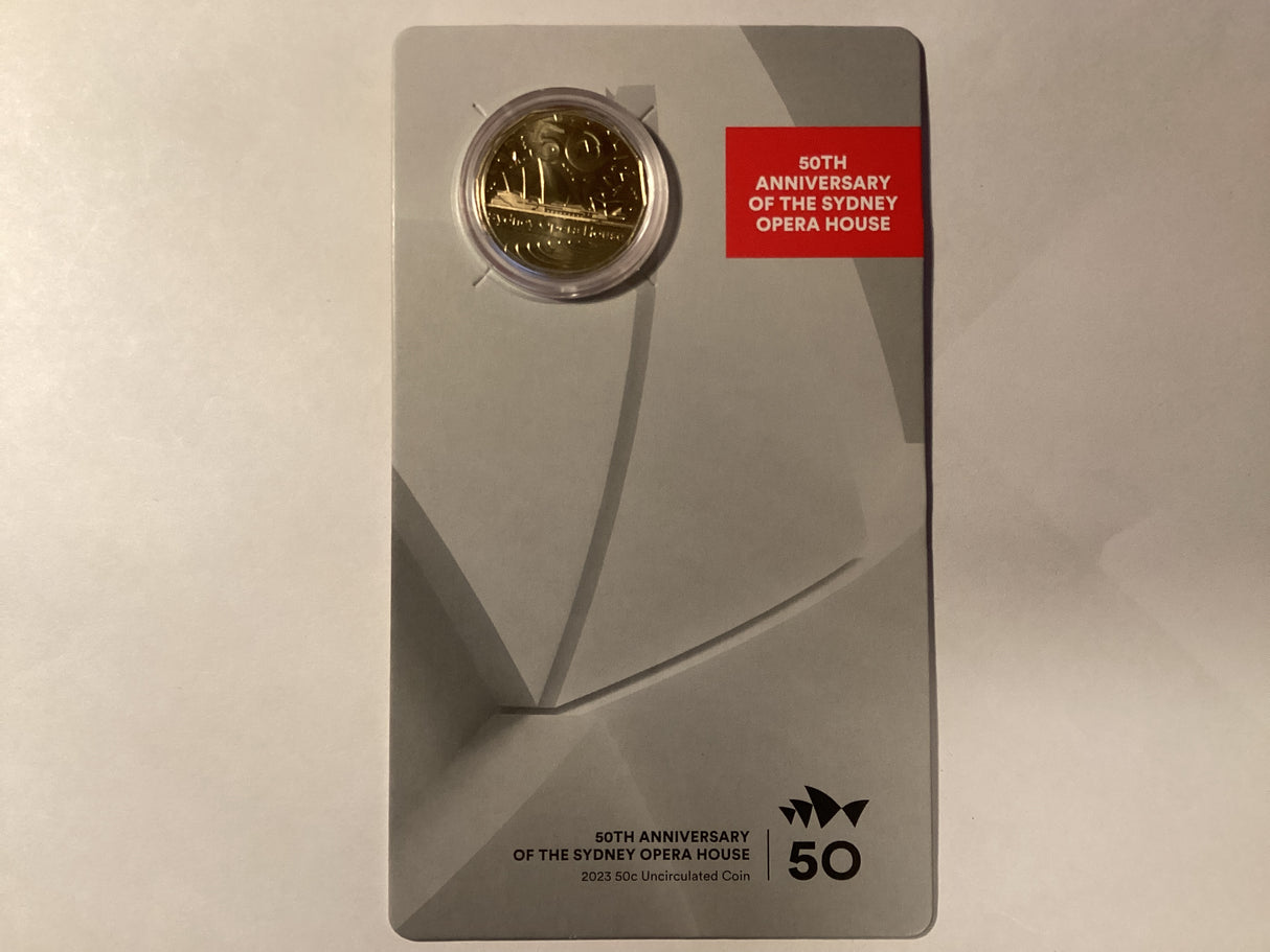 2023 50c Gold Plated Uncirculated Carded Coin. 50th Anniversary of the Sydney Opera House.