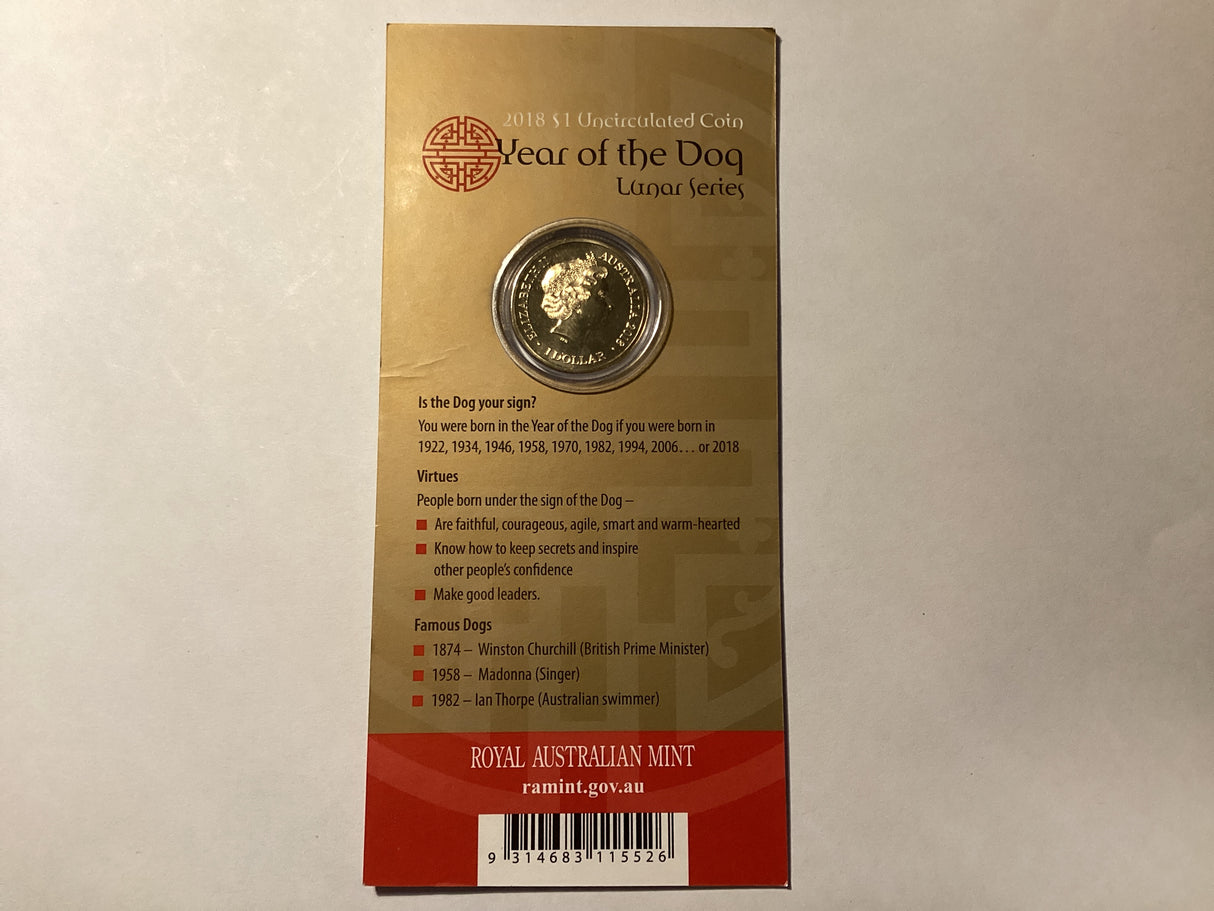 2018 $1 Uncirculated Coin. Lunar Series. Year of the Dog.